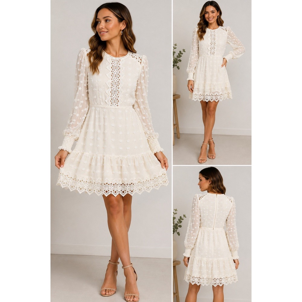 Love X Design Womens M Ivory Swiss Dot Lace Crochet Long Sleeve Boho Dress